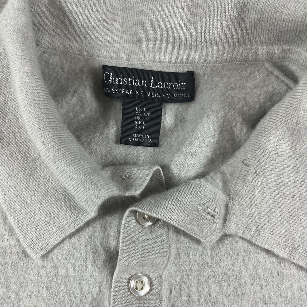 Christian Lacroix Merino Wool Polo Sweater Gray Knit Long‎ Sleeve Large - Picture 4 of 8